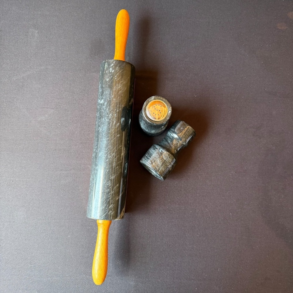 Wood Dough Rolling Pin w Granite Salt Pepper Shakers Rustic‎ Kitchen Decor